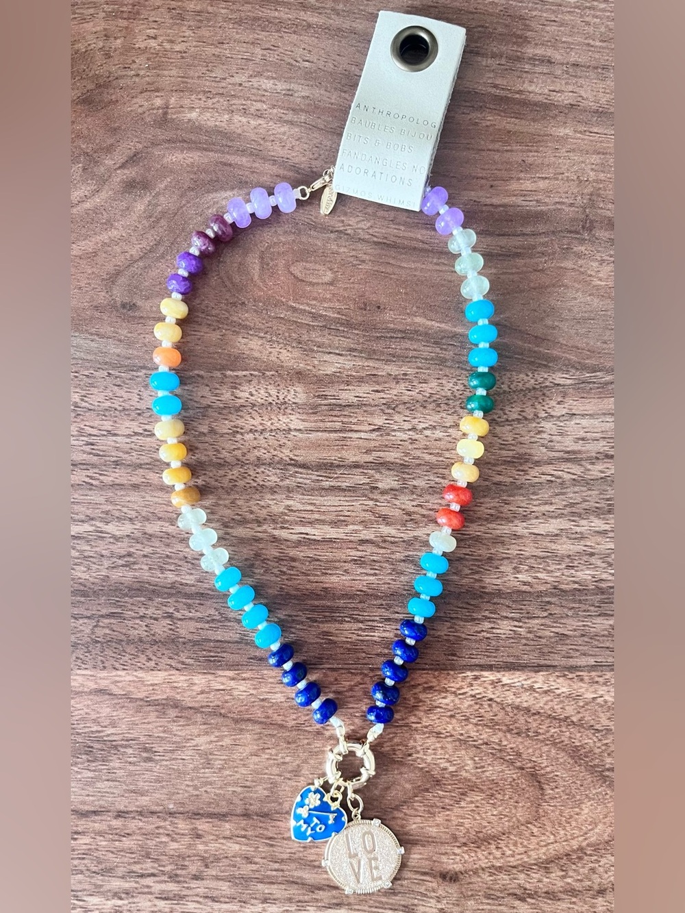 Anthropologie 14k cold plated Multicolor Beaded Charm Necklace - Vibrant Rainbow